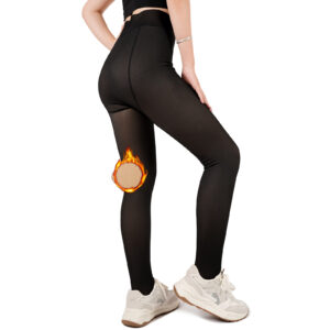 Thermoleggings Damen mit Fleece gefüttert, Thermostrumpfhose mit transparentem Look, Schwarz, Größe S/M