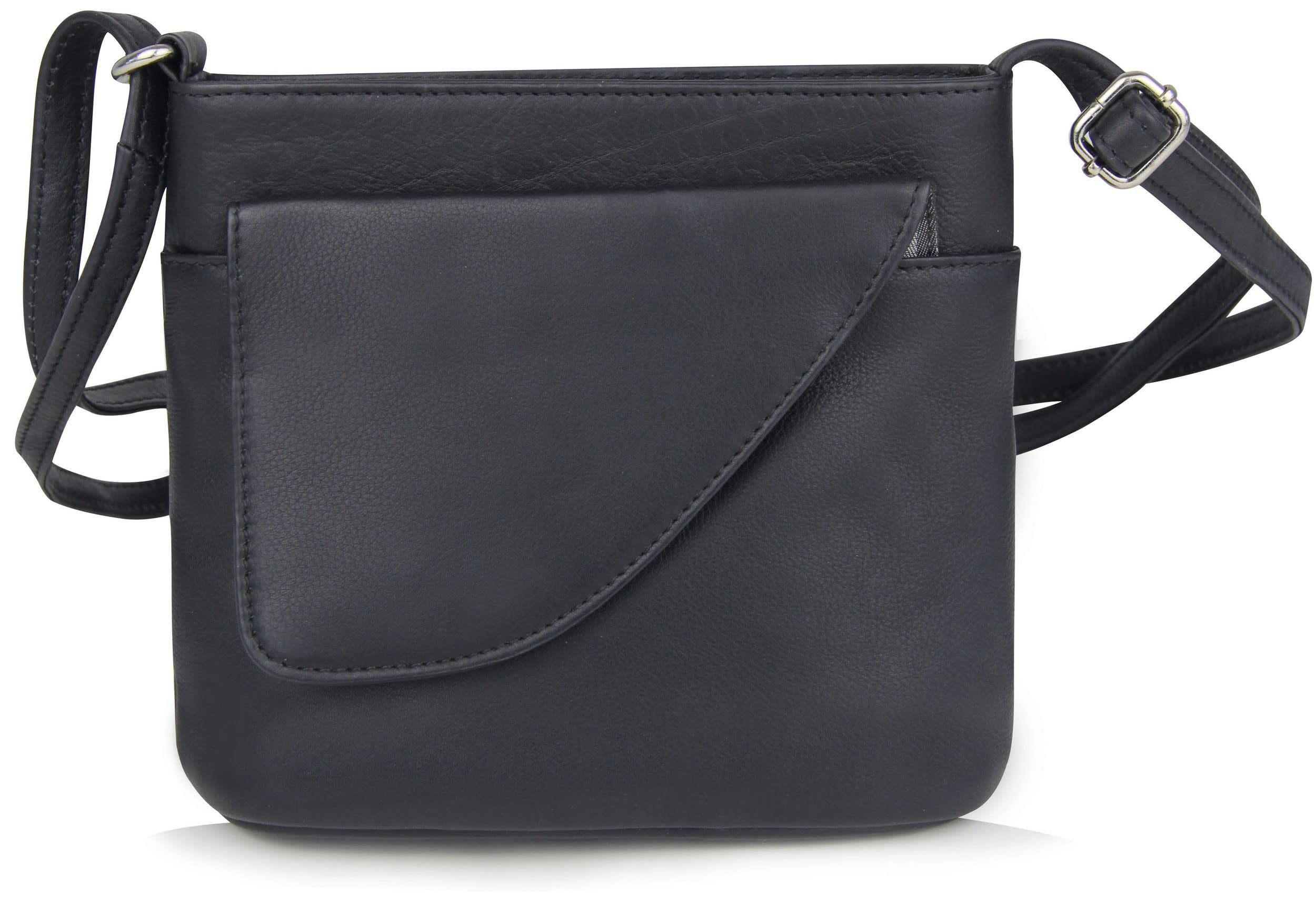 Frentree Umhängetasche, Kleine Ledertasche in schwarz, Tasche mit Handyfach, verstellbarer Gurt, Schwarz