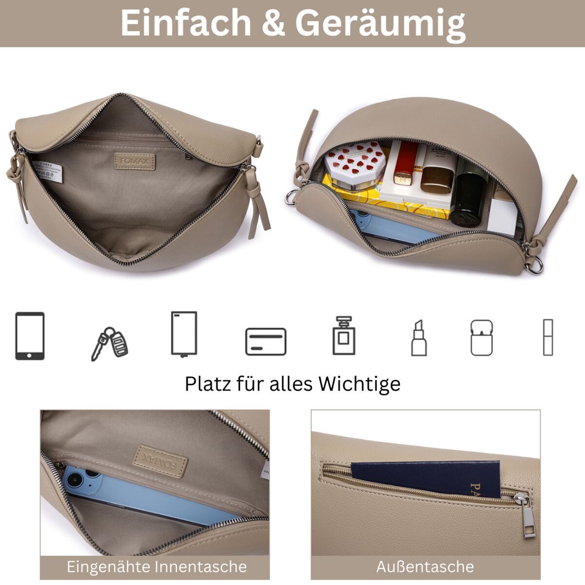 Damen Crossbody Bag mit breitem Schultergurt, 3 Fächern & Doppelreißverschluss – Bild 55
