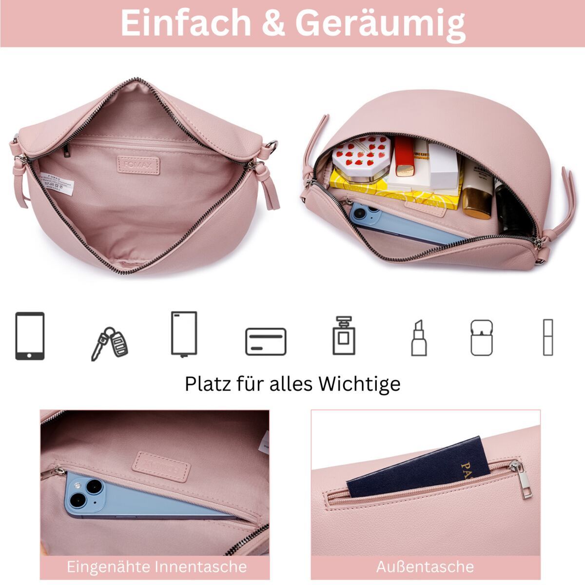 Damen Crossbody Bag mit breitem Schultergurt, 3 Fächern & Doppelreißverschluss – Bild 48