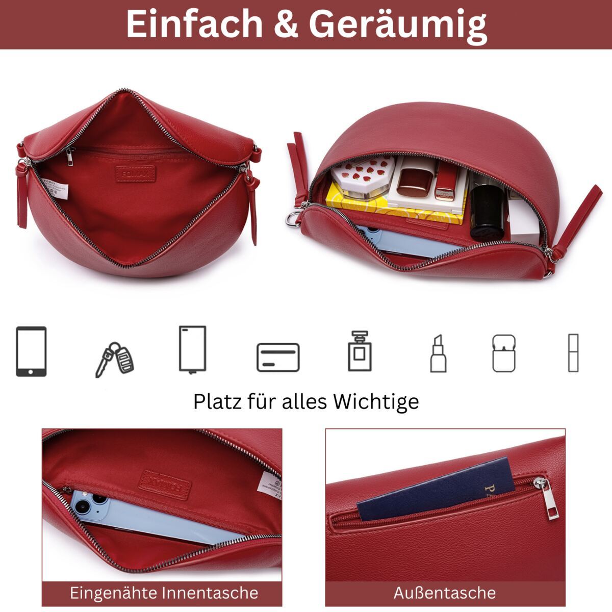 Damen Crossbody Bag mit breitem Schultergurt, 3 Fächern & Doppelreißverschluss – Bild 41