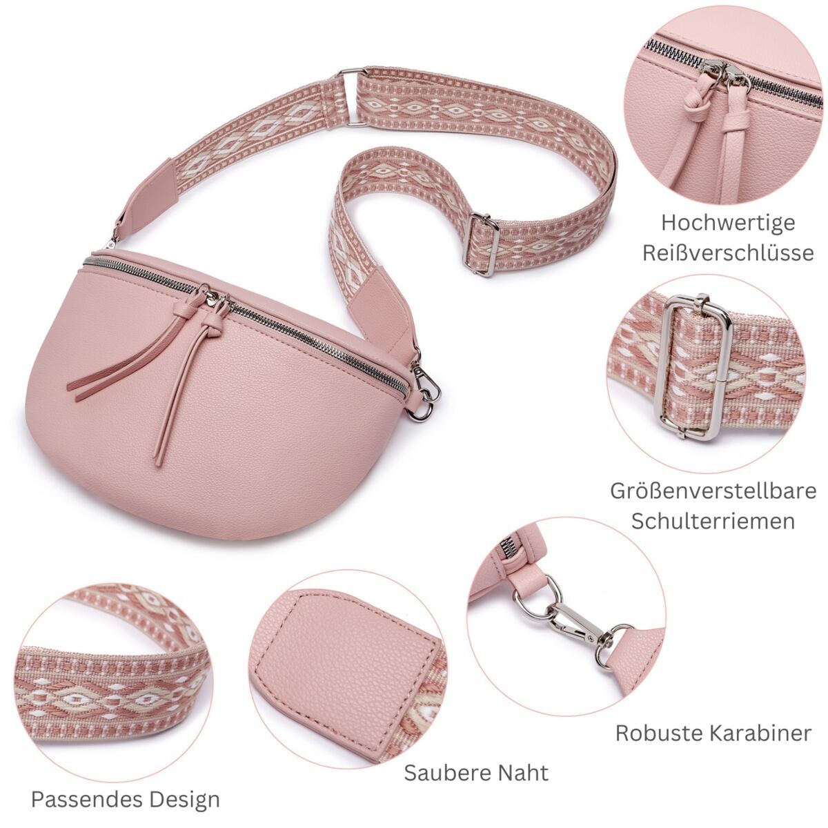 Damen Crossbody Bag mit breitem Schultergurt, 3 Fächern & Doppelreißverschluss – Bild 47