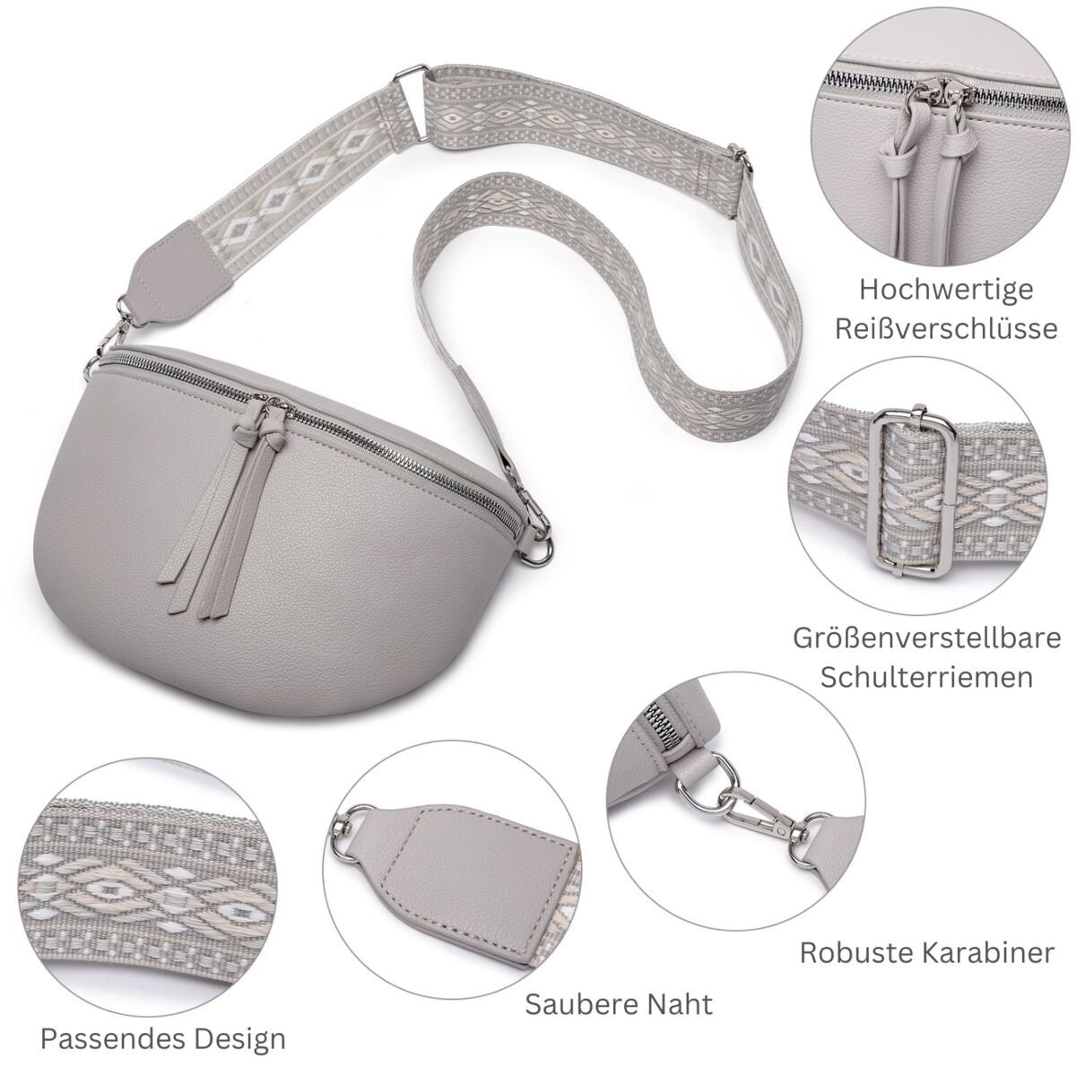 Damen Crossbody Bag mit breitem Schultergurt, 3 Fächern & Doppelreißverschluss – Bild 26