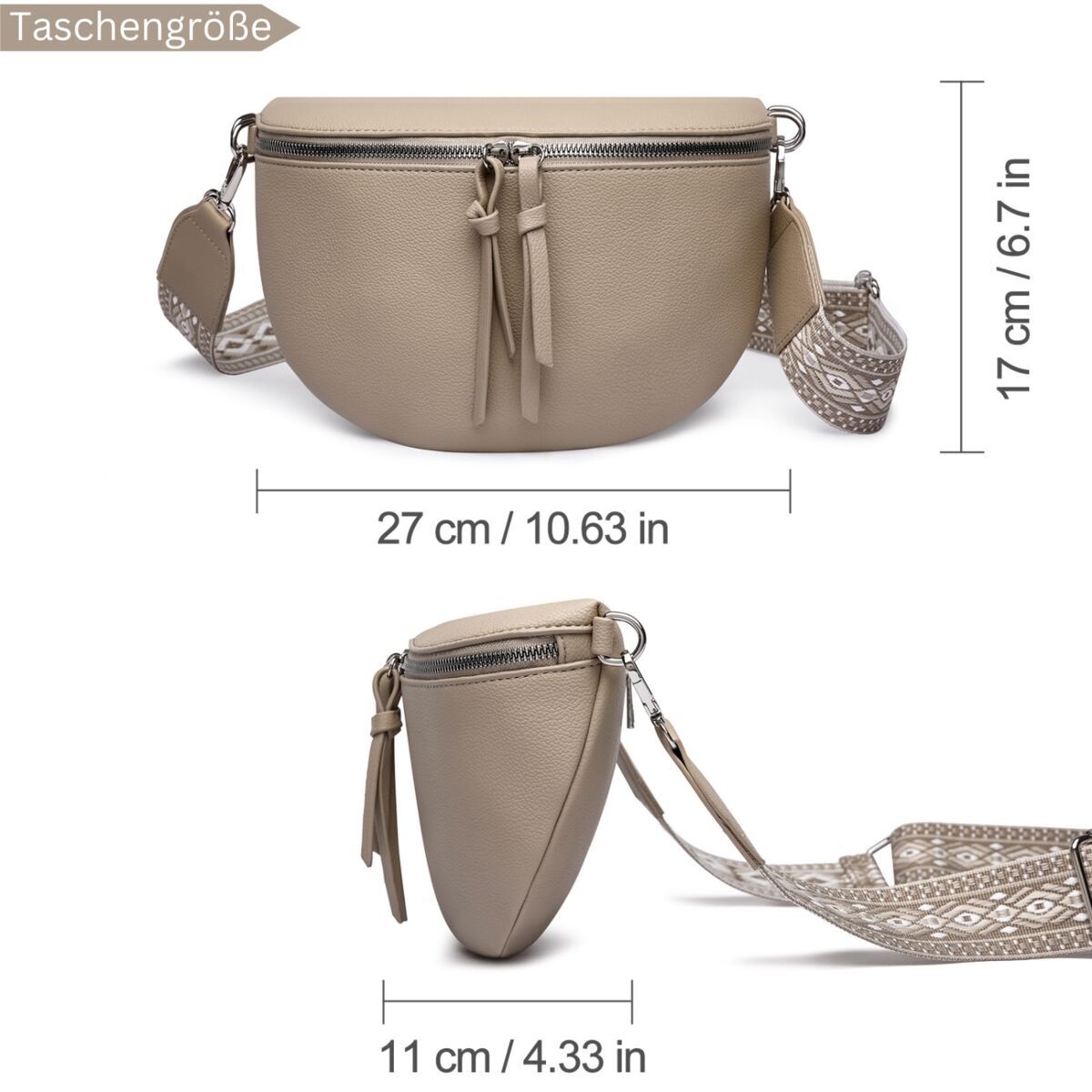 Damen Crossbody Bag mit breitem Schultergurt, 3 Fächern & Doppelreißverschluss – Bild 56