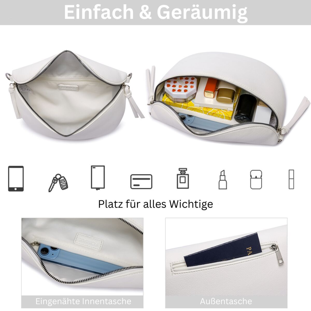 Damen Crossbody Bag mit breitem Schultergurt, 3 Fächern & Doppelreißverschluss – Bild 62