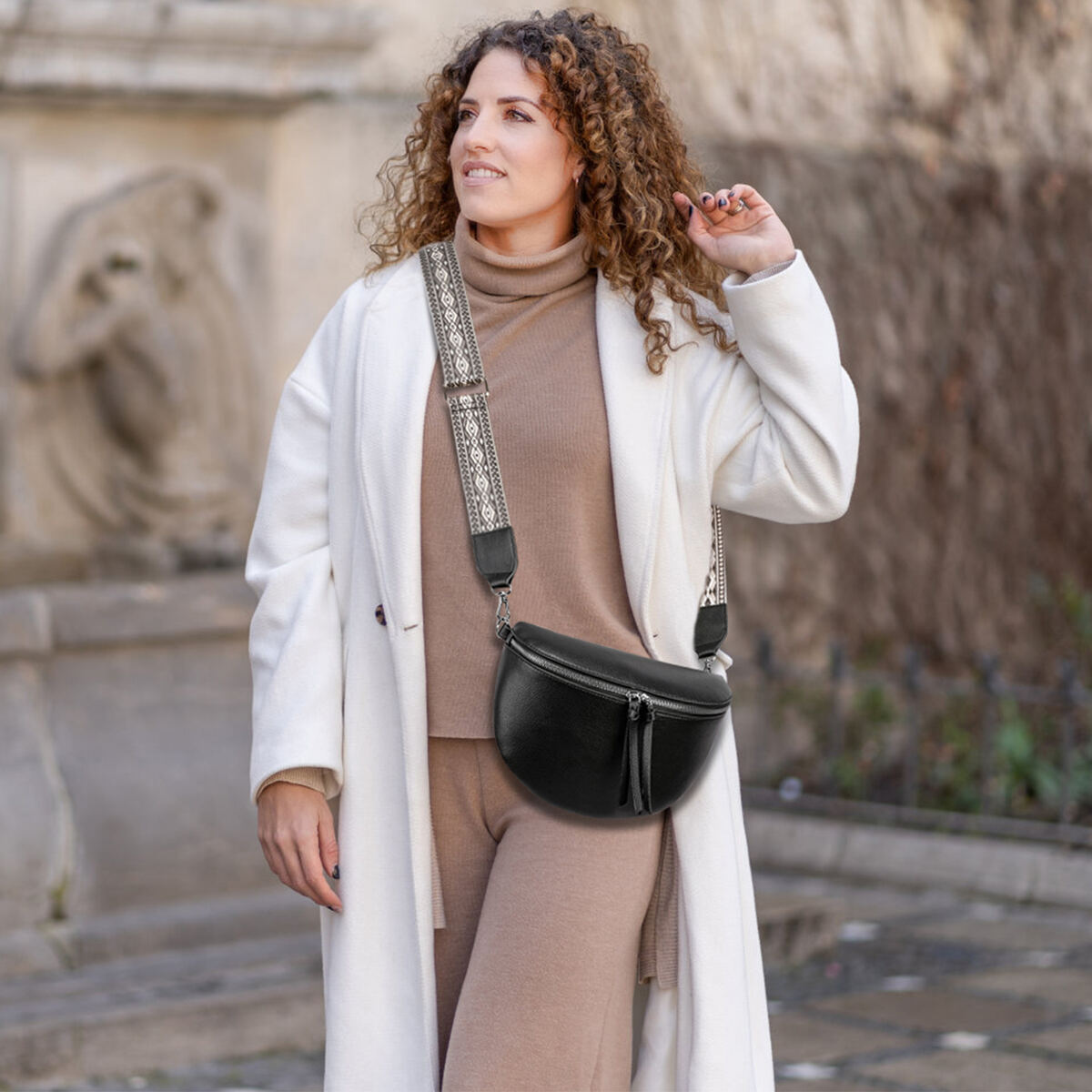 Damen Crossbody Bag mit breitem Schultergurt, 3 Fächern & Doppelreißverschluss – Bild 10