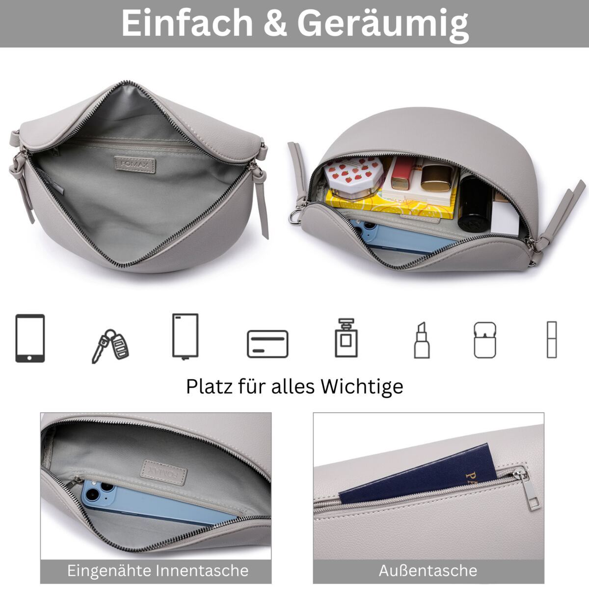 Damen Crossbody Bag mit breitem Schultergurt, 3 Fächern & Doppelreißverschluss – Bild 27