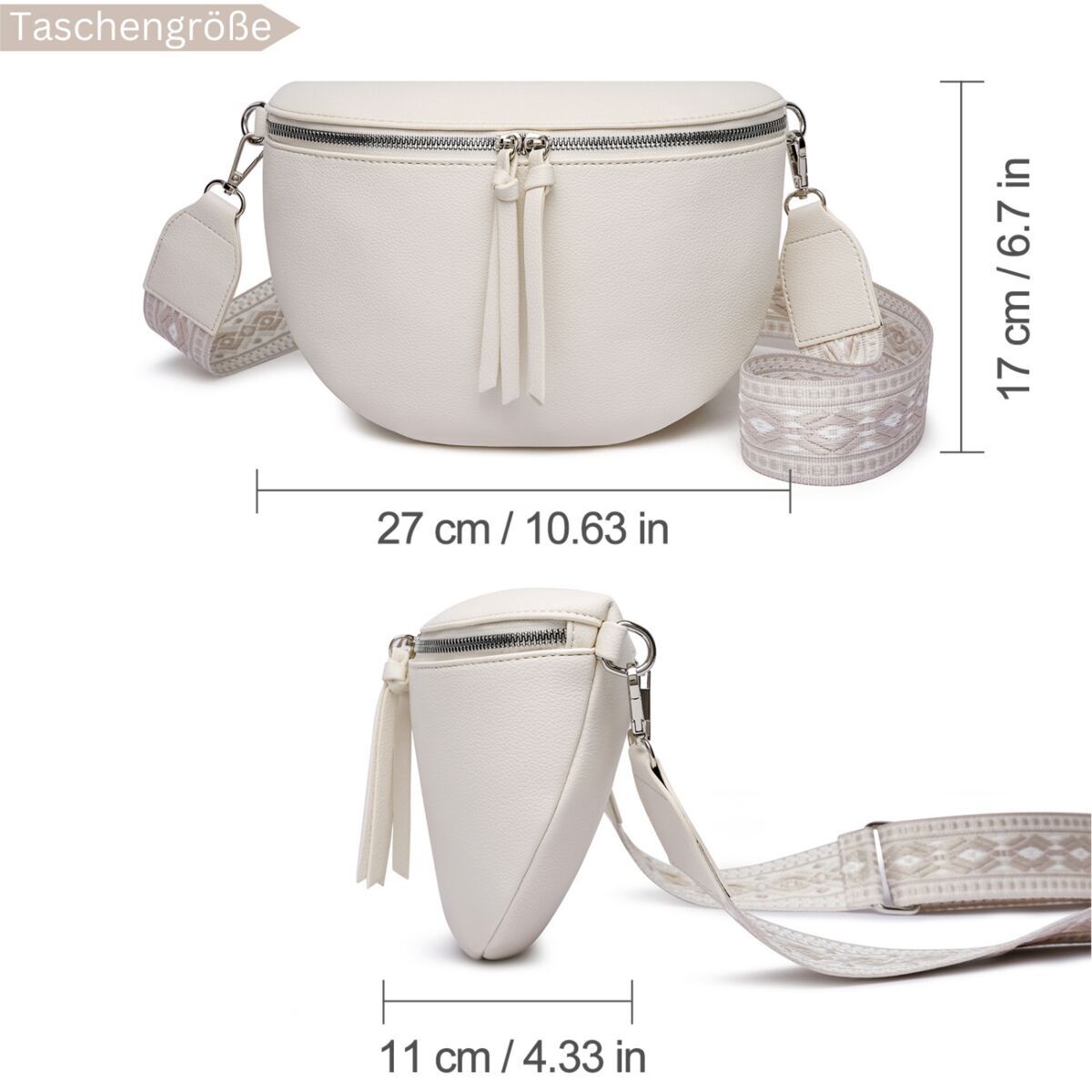 Damen Crossbody Bag mit breitem Schultergurt, 3 Fächern & Doppelreißverschluss – Bild 7