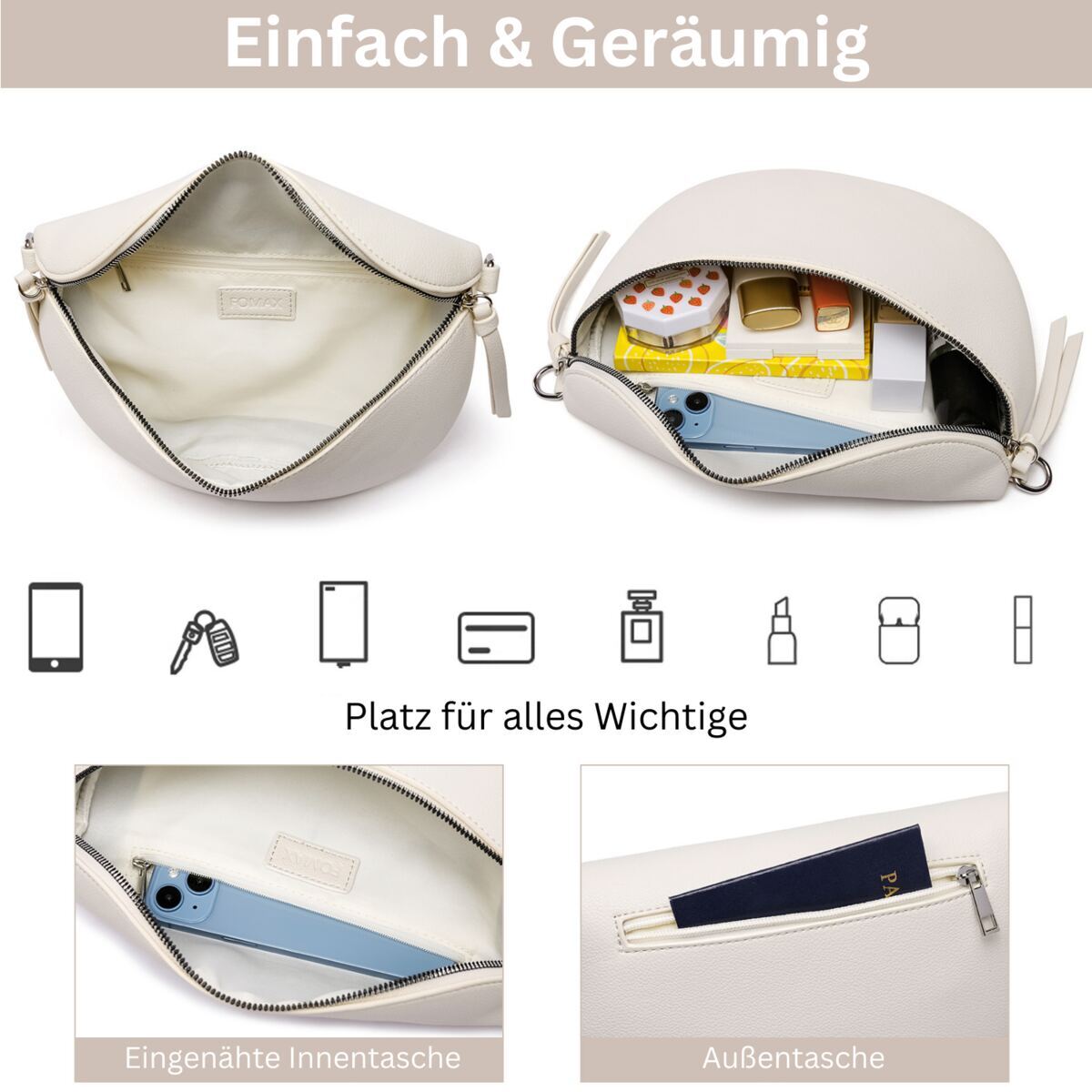 Damen Crossbody Bag mit breitem Schultergurt, 3 Fächern & Doppelreißverschluss – Bild 6