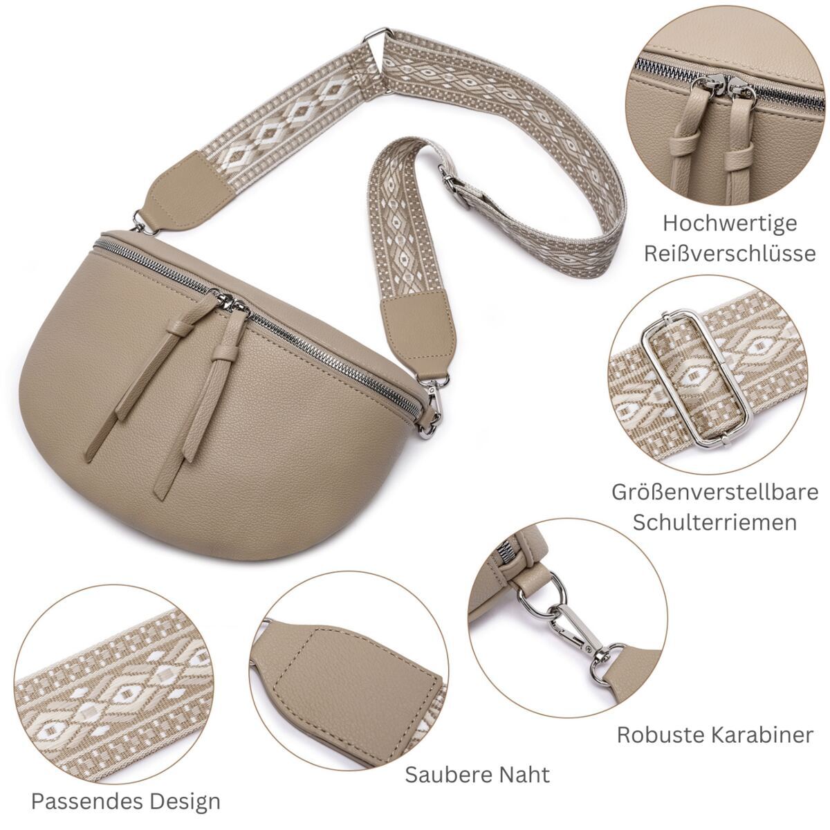 Damen Crossbody Bag mit breitem Schultergurt, 3 Fächern & Doppelreißverschluss – Bild 54