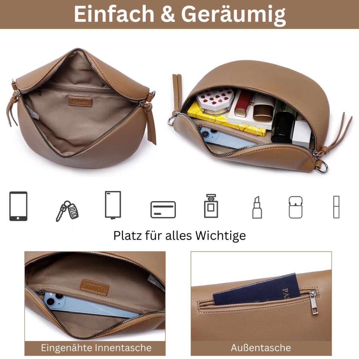 Damen Crossbody Bag mit breitem Schultergurt, 3 Fächern & Doppelreißverschluss – Bild 20