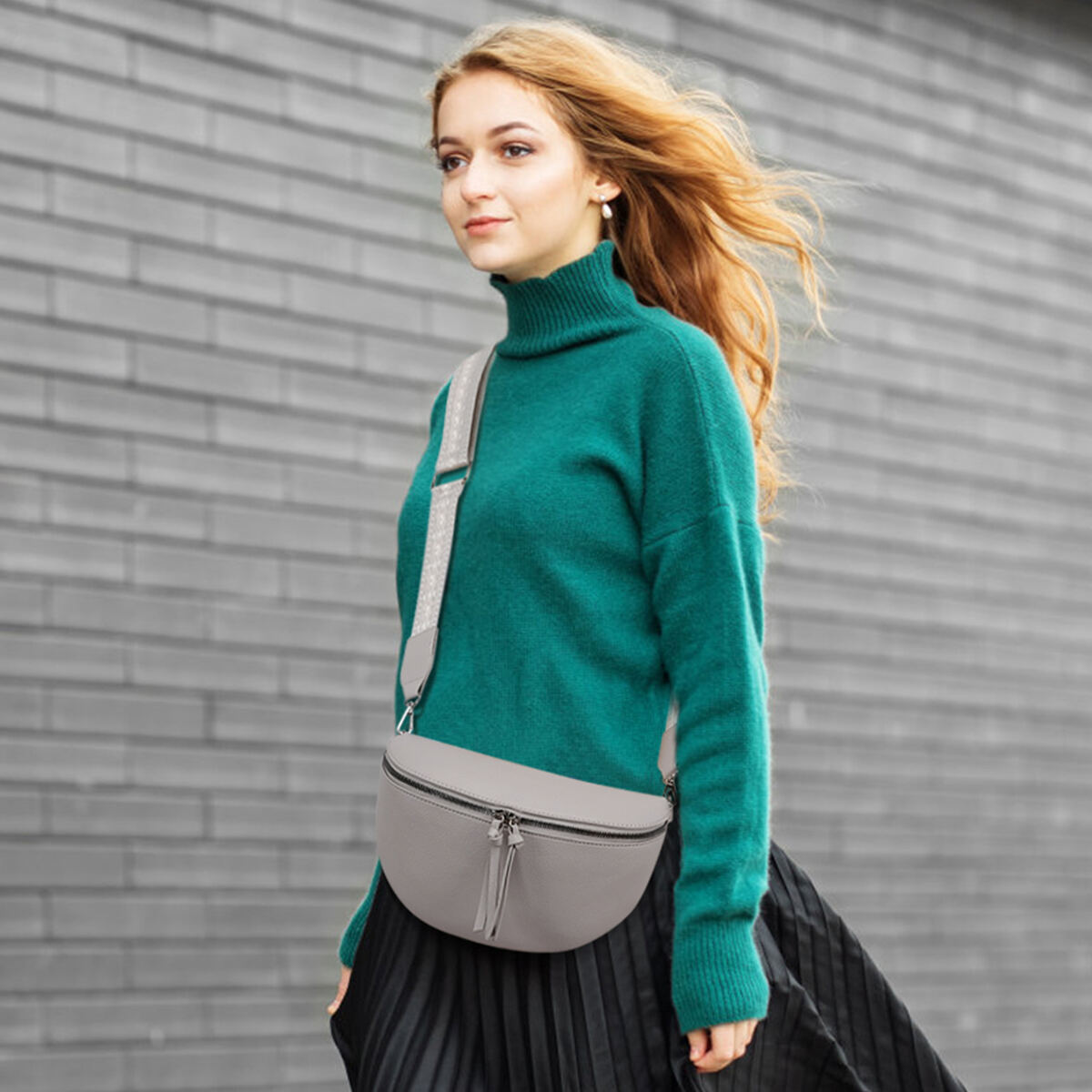 Damen Crossbody Bag mit breitem Schultergurt, 3 Fächern & Doppelreißverschluss – Bild 24
