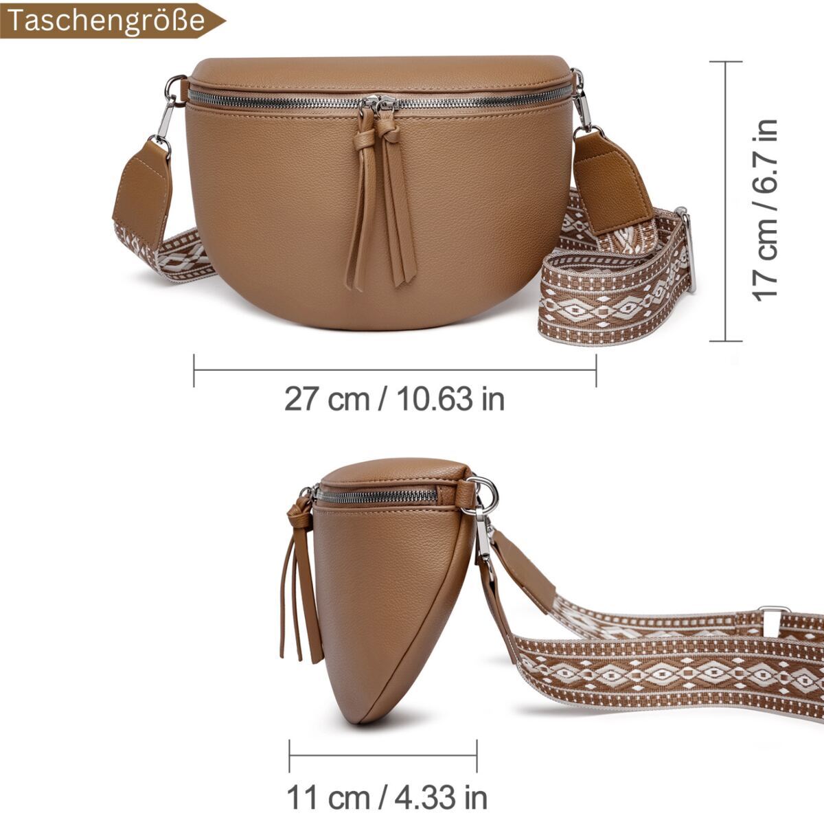 Damen Crossbody Bag mit breitem Schultergurt, 3 Fächern & Doppelreißverschluss – Bild 21