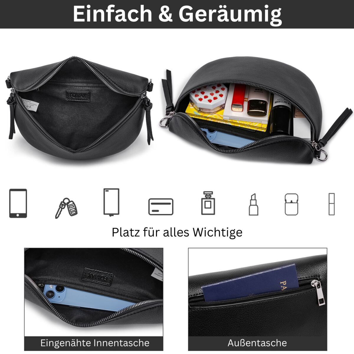 Damen Crossbody Bag mit breitem Schultergurt, 3 Fächern & Doppelreißverschluss – Bild 13