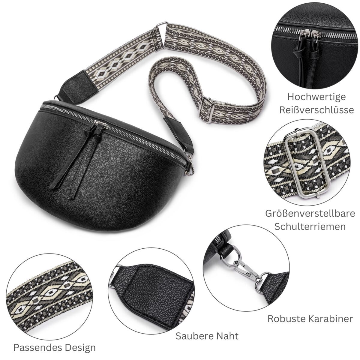 Damen Crossbody Bag mit breitem Schultergurt, 3 Fächern & Doppelreißverschluss – Bild 12