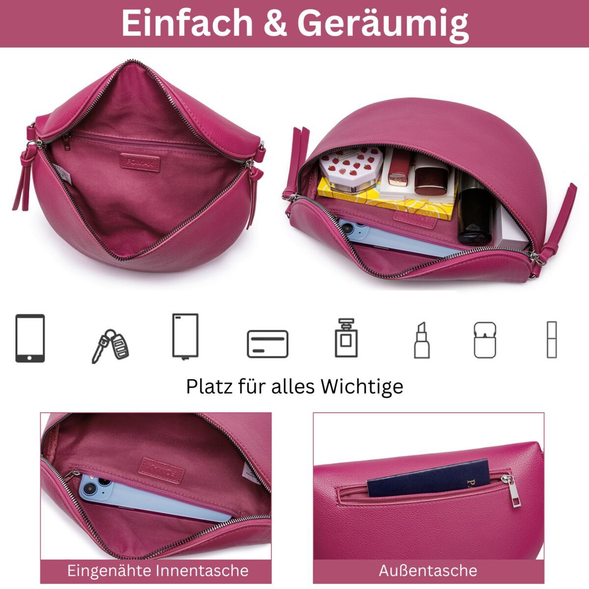 Damen Crossbody Bag mit breitem Schultergurt, 3 Fächern & Doppelreißverschluss – Bild 34