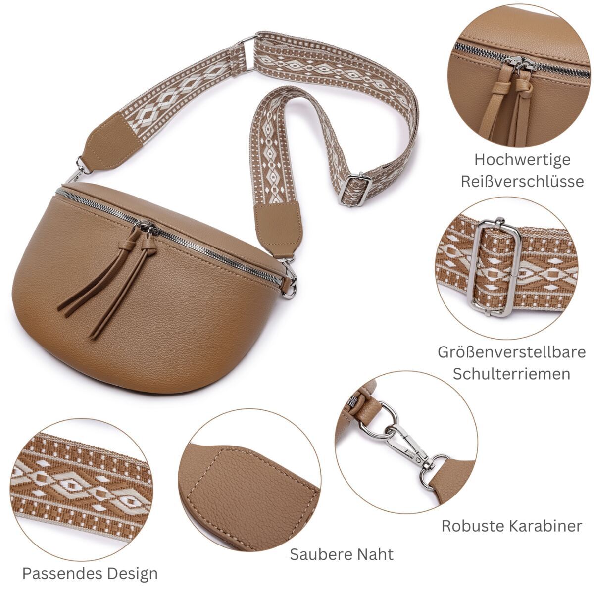 Damen Crossbody Bag mit breitem Schultergurt, 3 Fächern & Doppelreißverschluss – Bild 19