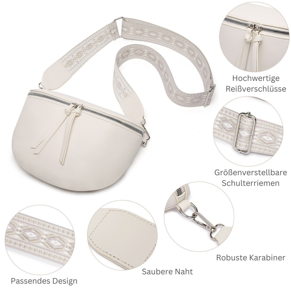 Damen Crossbody Bag mit breitem Schultergurt, 3 Fächern & Doppelreißverschluss – Bild 5