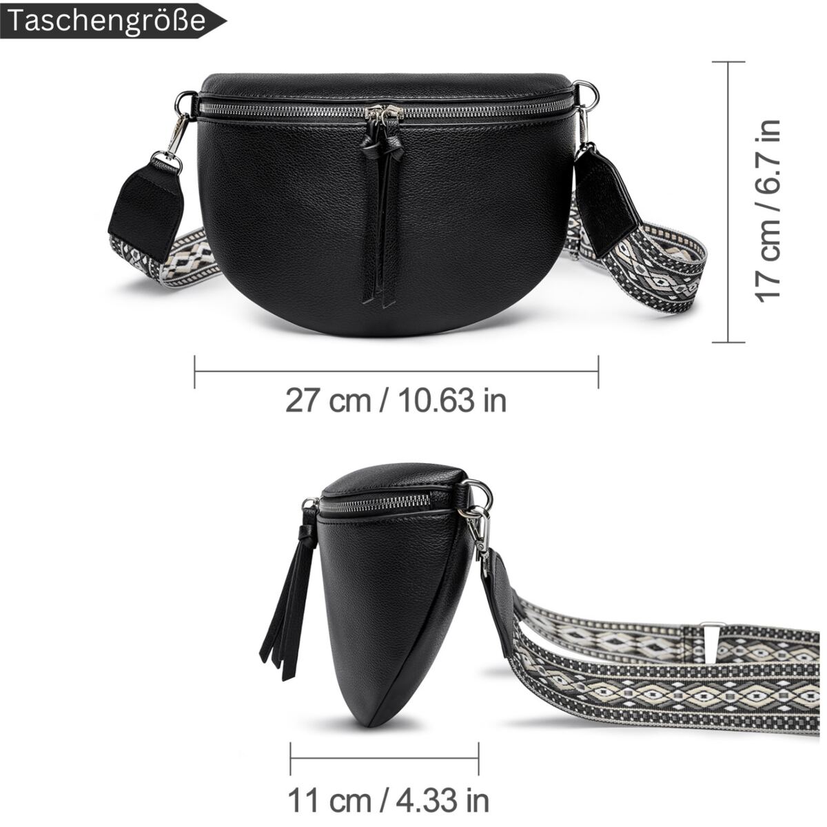 Damen Crossbody Bag mit breitem Schultergurt, 3 Fächern & Doppelreißverschluss – Bild 14